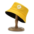 Bright yellow bucket hat with white daisy embroidery and a black lining finish - One Size / Yellow