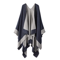 Detail of navy blue and gray double-sided knitted poncho with striped contrast edging - Contrast Border-Navy Gray Reversible