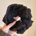 Oversized black fabric scrunchie with vintage brown lace trim for elegant hair styling - Black Double Layer Lace Scrunchie