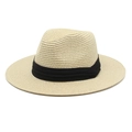Classic beige Panama straw hat with black ribbon band for sun protection on white background - M (56-58cm) / Beige