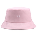 Pink cotton fisherman bucket hat with white embroidered smiley face on plain background - One Size (56-58cm) Non-adjustable / Pink