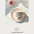 Service à café en céramique à motif roses roses avec soucoupe rose festonnée - 1 Tasse et 1 Soucoupe