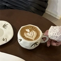 Ceramic coffee cup set with hand-painted bamboo leaves and heart latte art on wood surface - Dark Green Bamboo Leaf