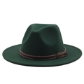 Detailed view of dark green wool fedora with brown leather strap and metal buckle - M (56-58cm) / Dark Green