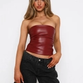 Fashionable dark red PU leather bandeau top paired with black high waist jeans - S / Tops / Burgundy