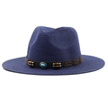 Detail view of woven straw hat with wooden beads and turquoise stone decorative band - Navy Blue