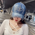 Dark blue denim baseball cap with sparkling rhinestone Baby letters and jeweled brim décor - Baby Rhinestone / Light Blue