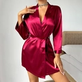 Elegant wine red satin long sleeve robe with silk finish and waist tie for women - S / Red
