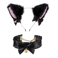 Black plush cat ear headband and lace choker set with golden bells for Halloween cosplay - Black/Pink Inside Cat Ears + Black Lace Choker