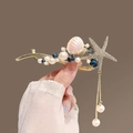 Horquilla de estrella de mar dorada con cuentas azules, perlas y borlas de cadena - Pinza de Pelo Estilo Océano Estrella de Mar Concha Perla (#3 Pinza - Dorado)