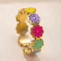 Colorful enamel flower stainless steel ring in gold finish with adjustable open band - Six-Petal Flower