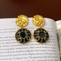Vintage style drop earrings with gold hammer texture and black enamel on old book pages - 925 Silver Earring Post / Black