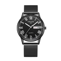 Minimalist black stainless steel quartz watch with Roman numerals and day-date display - Black Case Black Dial (Mesh Strap Men)