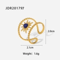 Retro 18k gold plated stainless steel ring with round blue gemstone and sunburst design - Star Blue Stone Open-JDR201797