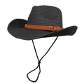 Detail of black straw cowboy hat with orange suede band and adjustable chin strap - M (56-58cm) / Black