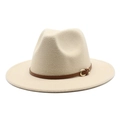 Klassieke beige wollen vilten fedora hoed met brede rand en bruine leren riem - M (56-58cm) / Beige