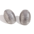Vintage style oval J-shaped hoop earrings with silver textured screw pattern finish - Minimalist Striped Oval Studs - Steel Silver