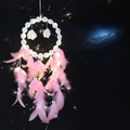 Pink and white flower dreamcatcher with feathers, clouds and warm LED lights - With LED Light Style / Pink
