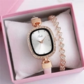Damen-Uhrenset in Roségold mit Diamanten und Herzarmband in rosa Geschenkbox - Weiß + Armband + Box