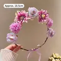 Girl's 18.5cm floral wreath headband with purple and pink artificial flowers and silk ribbon - Purple Flower Garland
