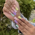 Lange coffin kunstnagels in macaron pastelkleuren met witte 3D vlammen textuur - Macaron Vlam Lijm Stijl (SGCY-93)