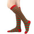 Detail of red and green striped knee high Christmas socks with ribbed cuffs for women - With Heel / Red & Green Thin Stripes