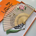 Exquisite silk gauze folding fan with peony embroidery, green tassel and orange gift box - Auspicious Peony