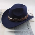Navy blue wool fedora hat with wide brim and bull head studded leather strap - One Size 57-58cm / White Bull Head with Three-Row Studs / Navy Blue