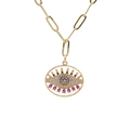 Collar de cadena de clip dorado con colgante de ojo turco y gemas rosas brillantes - Cadena Fina / Dorado