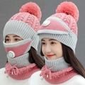 3-piece winter warm set with pink-grey knit hat, breathing valve mask, and snood - Pink