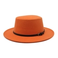 Detailed close-up of orange wool boater hat with black leather strap and silver buckle - M (56-58cm) / Orange