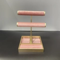 Pink velvet and gold metal double-tier jewelry display stand with a ring storage tray - Double-layer Square Bracelet Stand / Pink
