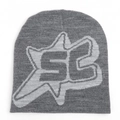 Detail of grey knitted beanie with star logo jacquard pattern and premium wool texture - Gray