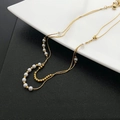 Double-layered titanium steel necklace featuring white pearls and golden chain - 05-M4 Double Layer Pearl Necklace Gold