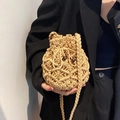 Detail of handmade woven cotton bag with drawstring closure and decorative wooden beads - Khaki