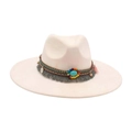 Cappello Fedora beige a tesa larga con fascia intrecciata in stile bohémien e fibbia - Taglia unica / Beige