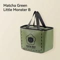 Insulated lunch bag in matcha green with cat print and black handles, Small Monster B - Horizontal Green Cat Head