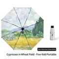 Five-fold portable sun umbrella with Van Gogh Wheat Field artistic interior print - 5-Fold 8K Wheatfield and Cypresses - Silver Coating