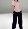 Summer casual set featuring a pink V-neck T-shirt and black wide-leg drawstring pants - S / Pink