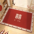 Red wedding door mat with double happiness character and heart patterns on wood floor - Xi Character - Our Family Joy