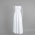 Detailed view of white cotton tube dress featuring smocked elastic bodice and pleated fabric - S / White