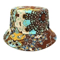 Detailed close-up of a colorful geometric pattern on a canvas sun protection bucket hat - M (56-58cm) / Lake Blue & Yellow Painted Mandala (5#)