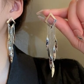 Silver drop earrings with geometric diamond shape and long leaf sequin tassels - E2015 Silver / 925 Silver Earring Post