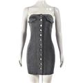 Detail of grey denim tube dress showing front metal buttons and chest flap pockets - S / Black