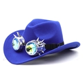 Blue felt cowboy hat with steampunk goggles and silver spikes in a macro detail shot - Sapphire Blue