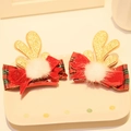 Golden sequin reindeer antler hair clips with red plaid ribbon and white fur pompom balls - Hair Clip 14# (Pair)