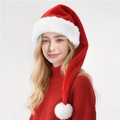 Detail of red plush Christmas hat with thick white faux fur trim worn by a model - Extra Long Christmas Hat Adult (80CM) / Red
