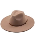 Classic wide-brim mocha wool fedora hat for men and women with slim brown leather band - Light Coffee