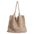Borsa tote in maglia beige con trama spessa e motivi a fiocco 3D per donna - Cachi