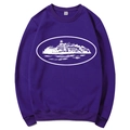 Men's dark purple crewneck sweatshirt with white industrial graphic print on front - Purple